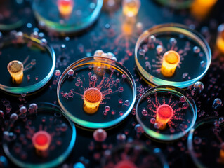Fototapeta na wymiar petri dish revealing bacterial colonies, multi - colored, placed on a digital microscope