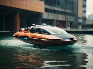 Futuristic hover car in water