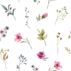  Seamless pattern with watercolor pink flowers and plants, hand painted.

