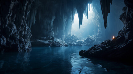 Majestic cavern, enormous stalactites and stalagmites, illuminated by a soft blue glow, underground lake