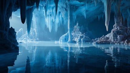 Majestic cavern, enormous stalactites and stalagmites, illuminated by a soft blue glow, underground lake