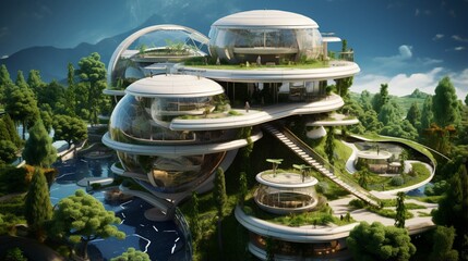 a miniature futuristic space colony habitat with domes, solar panels, and living quarters. Incorporate advanced technology details.