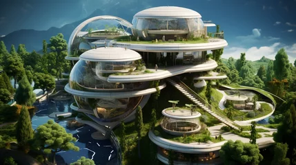 Fotobehang a miniature futuristic space colony habitat with domes, solar panels, and living quarters. Incorporate advanced technology details. © M Arif