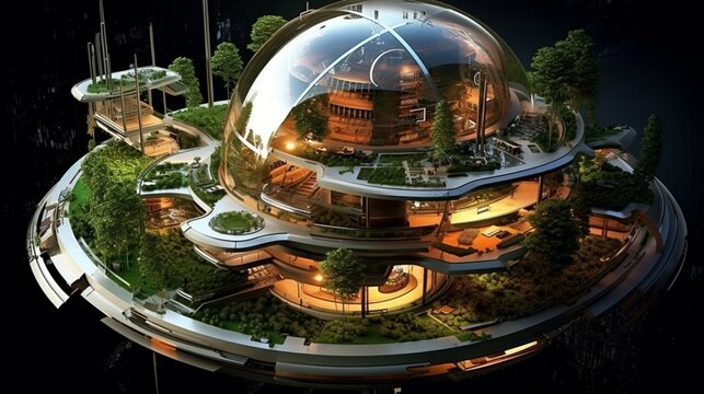 a miniature futuristic space colony habitat with domes, solar panels, and living quarters. Incorporate advanced technology details.