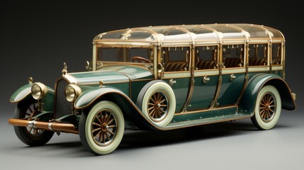 a miniature limousine with elongated proportions, tinted windows, and interior details such as a...