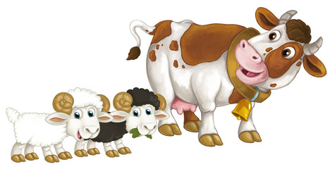 cartoon scene with happy farm animal cow looking and smiling and two sheep friends isolated illustration for children