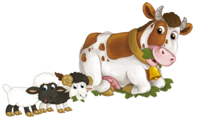 Kissenbezug cartoon scene with happy farm animal cow looking and smiling and two sheep friends isolated illustration for children © honeyflavour
