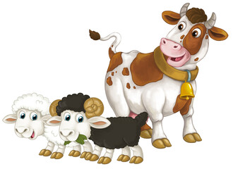Obraz na płótnie Canvas cartoon scene with happy farm animal cow looking and smiling and two sheep friends isolated illustration for children
