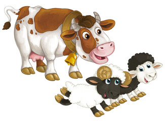 cartoon scene with happy farm animal cow looking and smiling and two sheep friends isolated illustration for children