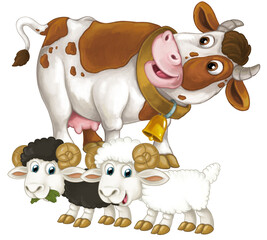 cartoon scene with happy farm animal cow looking and smiling and two sheep friends isolated illustration for children