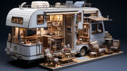 a miniature luxury recreational vehicle with amenities such as a tiny kitchen, bedroom, and detailed exterior features.