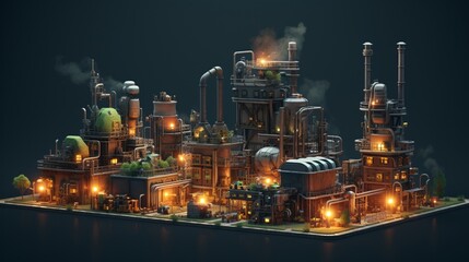 a miniature industrial city with factories, warehouses, and urban structures. Leave spaces for branding or messages related to innovation and industry.