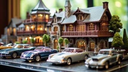 Fototapeta na wymiar a miniature mansion garage filled with luxurious cars like sports cars, limousines, and classic cars. Pay attention to details like shiny finishes and tiny logos.