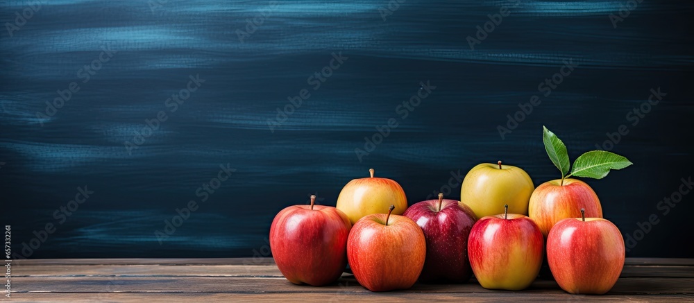 Poster apple and tablet on desk in front of blackboard with copyspace for text