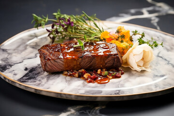 Piece of roast meat with sauce on marble plate.