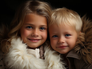 Kleinkinder Geschwister schauen lächelnd in die Kamera Porträt, ai generatv