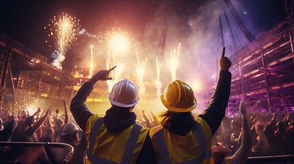 People on a construction building stage in yellow celebrate festival 