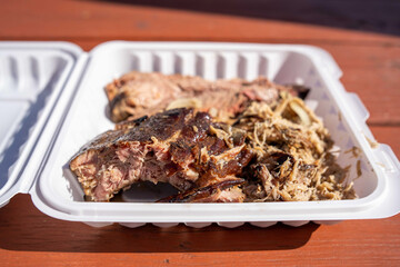 macro close up shot of pulled brisket and pork rib