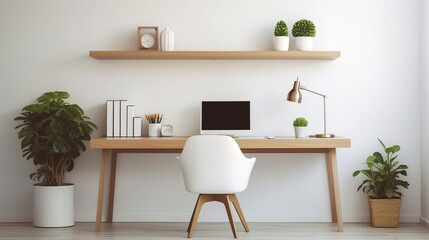 Fototapeta na wymiar Minimalist Home Office with White Desk Chair
