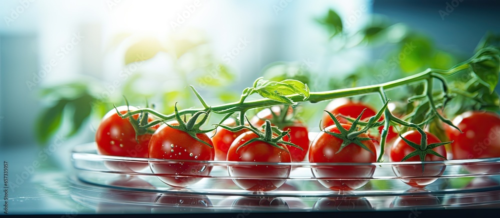 Aufkleber genetically modified food research with tomatoes in lab with copyspace for text