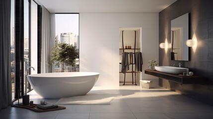 Fototapeta na wymiar Modern Bathroom with White Freestanding Tub 