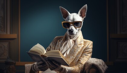 Business portrait of a dog with a book in a chair. A dog with glasses reading a book. A dog in an office boss style. Created in ai.