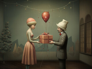 A Surreal Illustration of Friends Exchanging Hand-Made Gifts