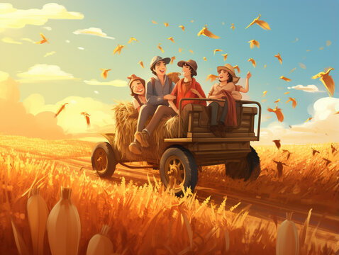 A Surreal Illustration of Friends Enjoying a Hayride Together - Powered by Adobe