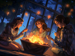 A Surreal Illustration of Friends Roasting Marshmallows in a Backyard Fire Pit