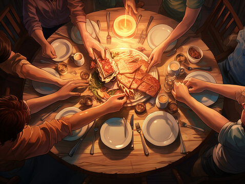 A Surreal Illustration of Friends Sharing a Moment of Gratitude, Hands Joined Around the Table
