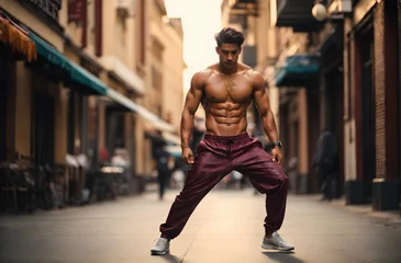 Fotobehang Handsome muscular mixed race male shirtless model dancing in the street, background, banner, copy space text, template  © Karlo