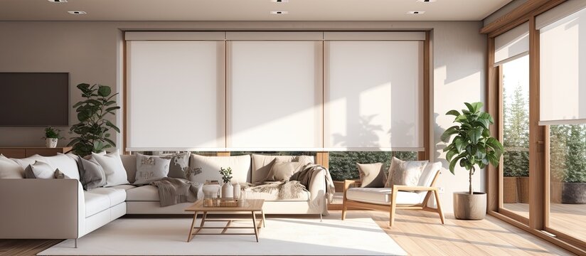 Modern interior with large roller blinds automatic solar and blackout shades wood decor panels on walls and electric sunscreen curtains for home With copyspace for text