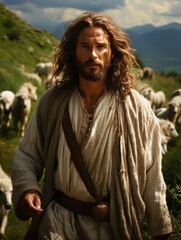 Jesus Christ herding sheep on green meadow in the mountains. AI