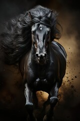 Obraz na płótnie Canvas Galloping black horse on dark background