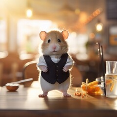 A hamster dressed in a tuxedo standing on a table. Generative AI.