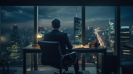 Businessman sit on the chair look out window on office. AI generated image - obrazy, fototapety, plakaty