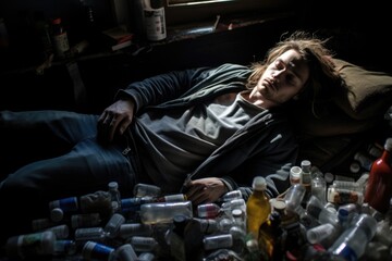 Man collapsed on a sofa, overwhelmed by numerous prescription pill bottles, highlighting the opioid crisis - obrazy, fototapety, plakaty