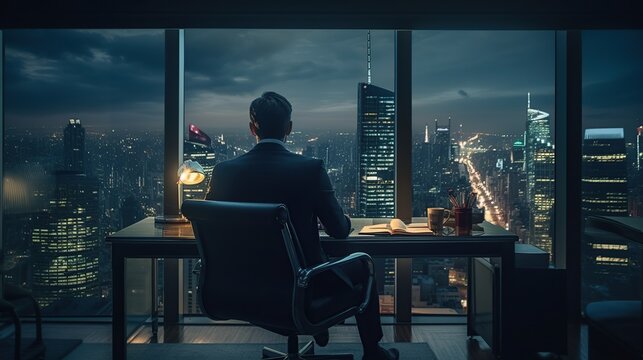 Businessman sit on the chair look out window on office. AI generated image