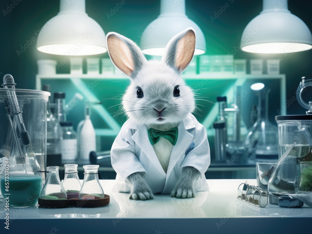 Aufkleber a rabbit in a lab coat sitting on a counter. generative ai.