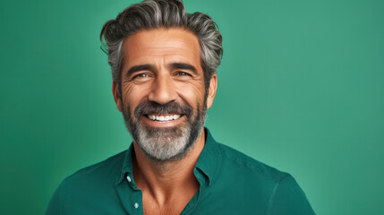 Happy joyful smiling mid age man looking aside isolated on green background. Close up Portrait - obrazy, fototapety, plakaty