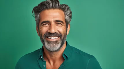 Foto op Plexiglas Happy joyful smiling mid age man looking aside isolated on green background. Close up Portrait © PaulShlykov