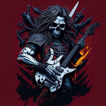 Death metal music ghost artwork horror art and heavy metal illustration. Skeleton Rockstar with Electric Guitar t shirt graphics.
