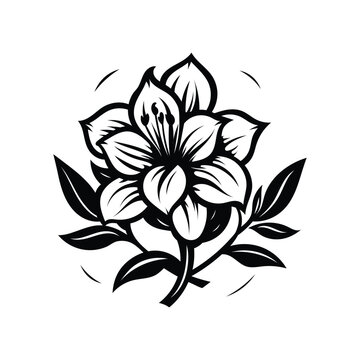 Azalea flower with leaf, black and white clipart