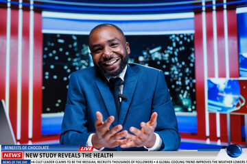 Healthcare study results breaking news covered by man journalist live on night show program,...