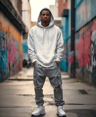 Obraz premium Portrait of beautiful African american male model, urban clothing style, fashion background, hip hop culture banner with copy space text 