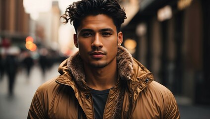 Fashion portrait of handsome mixed race male model in brown jacket on the street, commercial background, banner with copy space text, template 