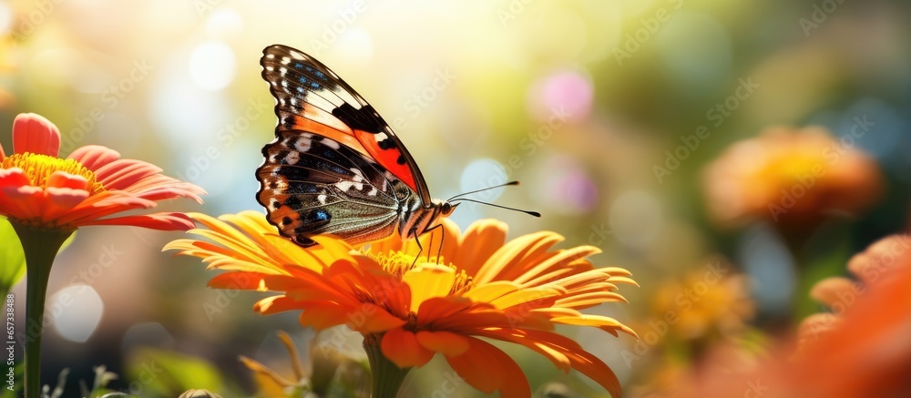 Poster closeup of a beautiful butterfly on a flower in a summer garden captured in macro with copyspace for