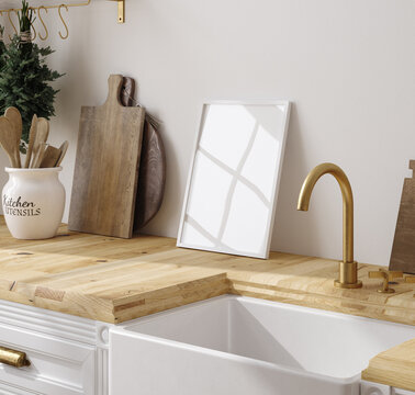 Mock up poster frame in kitchen interior, Farmhouse style, 3d render