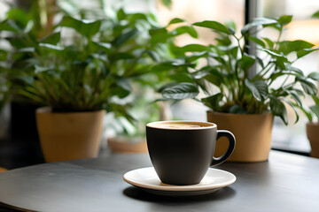 coffee cup and plant on table in the interior of a studio studio coffee shop cafe coffee shop