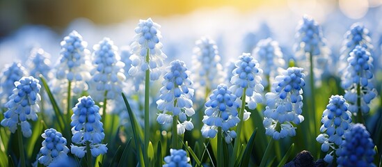 Blooming white Magic album Muscari aucheri grape hyacinths cultivated ornamental bulbs in spring...